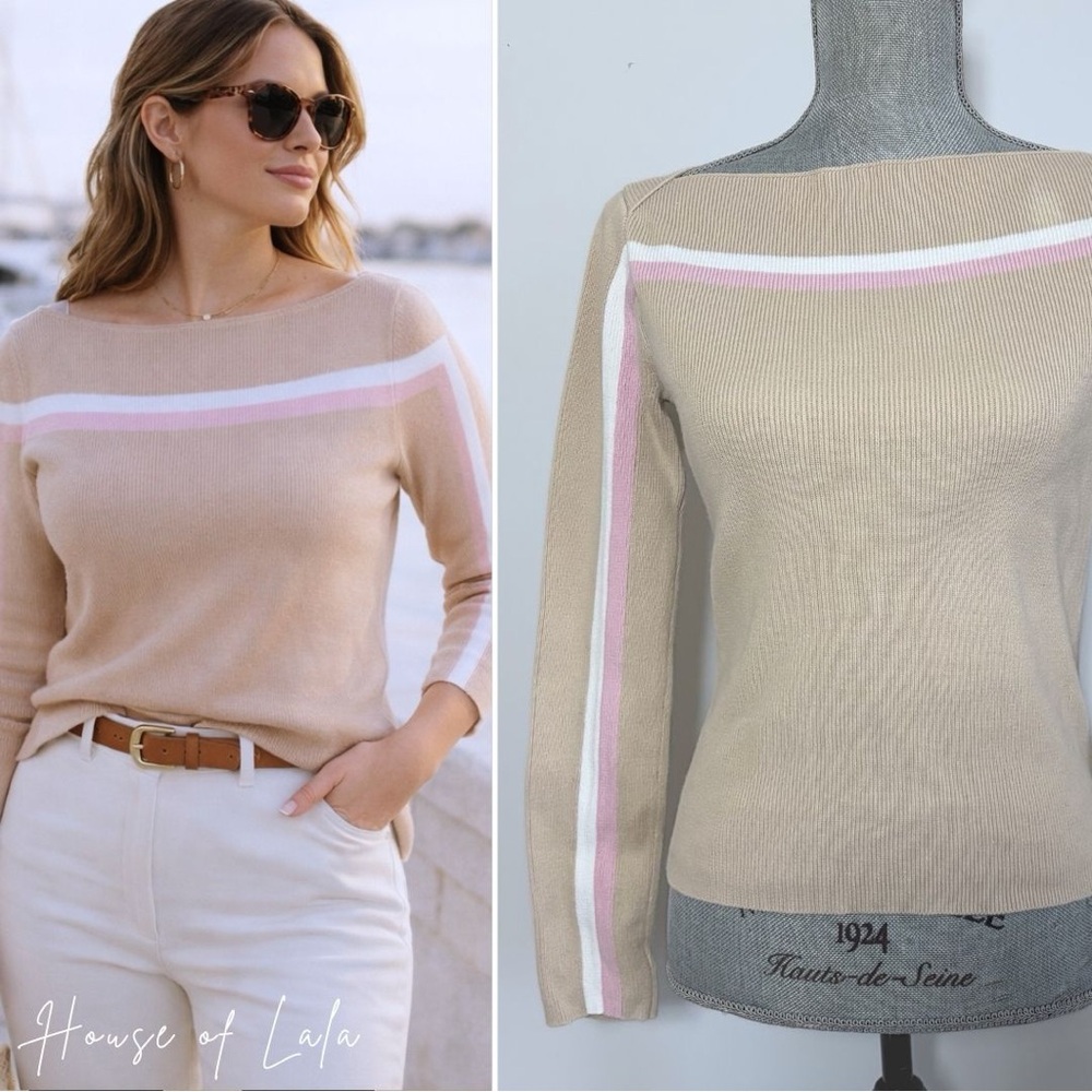 Mexx Long Sleeve Top – Beige with Pink & White Stripes, Size Small